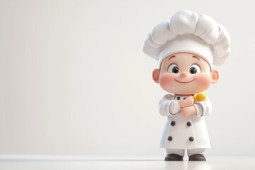 A cheerful cartoon chef character stands with a bright smile, wearing a classic white chef's outfit and hat, ready to cook.