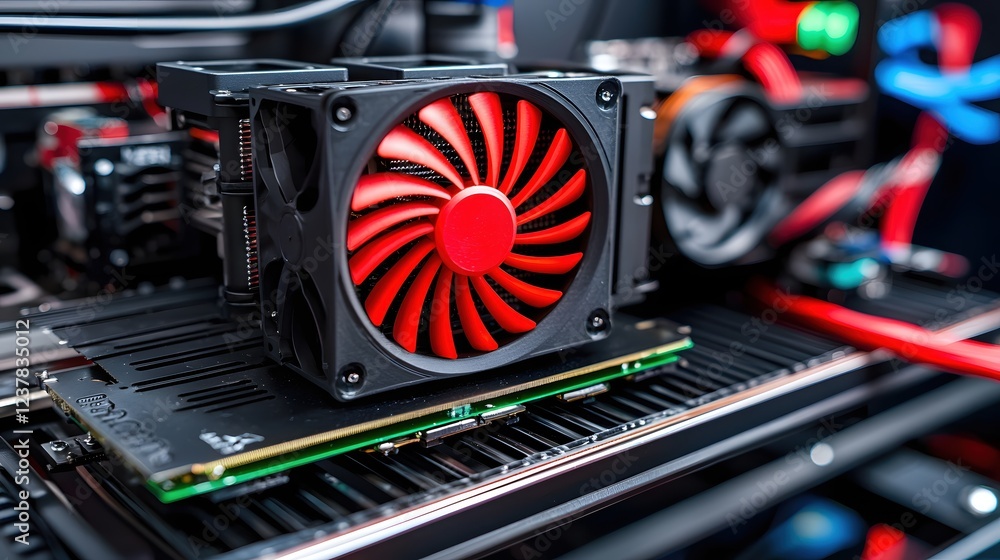 Poster powerful computer graphics card with red fan cooling system close up