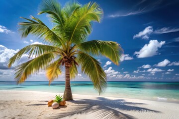 Obraz premium Idyllic tropical beach scene featuring a solitary palm tree, casting its shadow on the pristine white sand, with coconuts resting at its base, under a vibrant blue sky with fluffy white clouds.