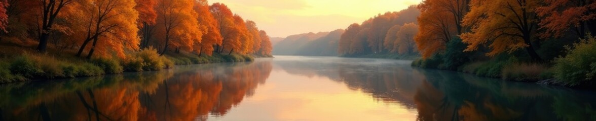 Reflections of amber and orange hues on the calm river surface, trees, river