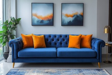 Elegant blue sofa in bright living room with stylish coffee table, decorative posters, abstract art, and modern lighting, creating a cozy and stylish atmosphere.