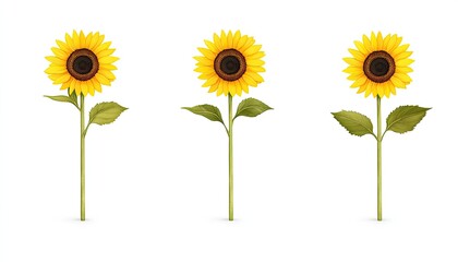 Three vibrant sunflowers standing tall against a white background, showcasing their bright petals and green leaves