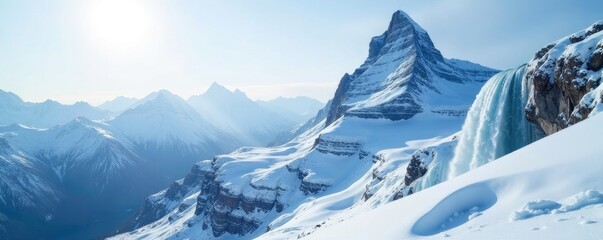 Snow-covered mountain summit with a frozen waterfall, mountain, ice, snow