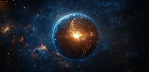 A view of Earth from space. The earth looks very beautiful surrounded by blue ocean and white clouds. The background is a deep universe