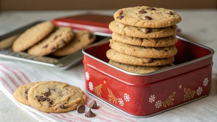 Stack of choc chip cookies on red biscuit tin, festive, treats