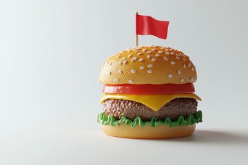 A vibrant cheeseburger toy with a sesame seed bun, lettuce, cheese, and a decorative flag on top, set against a simple background.