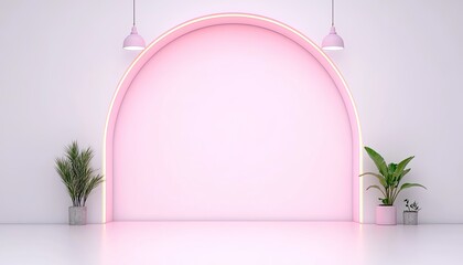 Minimalist interior with a pink arch, soft lighting, and potted plants creating a serene atmosphere