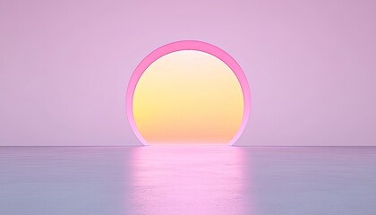 A vibrant, pastel sunrise scene with a circular opening illuminating a serene landscape
