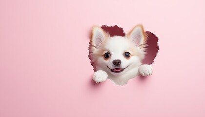 Playful puppy peeking through a torn pink wall, creating a whimsical and joyful atmosphere