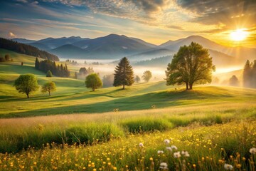 Naklejka premium Golden Sunrise Illuminates Serene Meadow Landscape with Rolling Hills and Solitary Trees