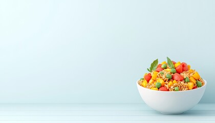 Freshly prepared colorful salad in a white bowl against a soft pastel background