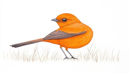 Vibrant orange bird perched on grass, showcasing detailed feathers against a minimalistic background