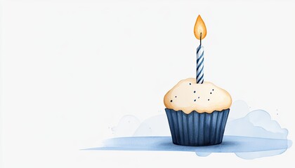 Colorful cupcake with a lit candle on top, set against a soft blue background, celebrating a birthday