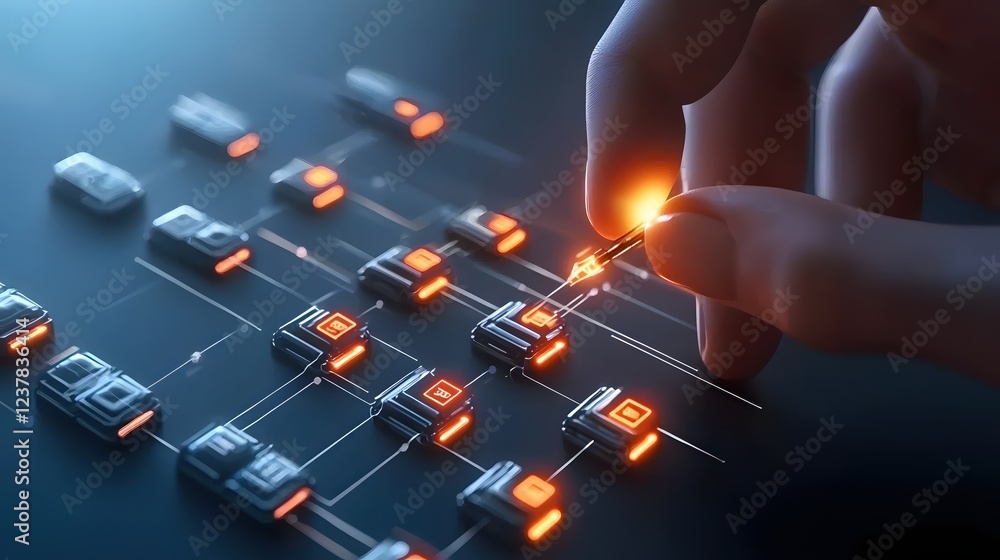 Poster connecting digital nodes futuristic technology network system hand interaction