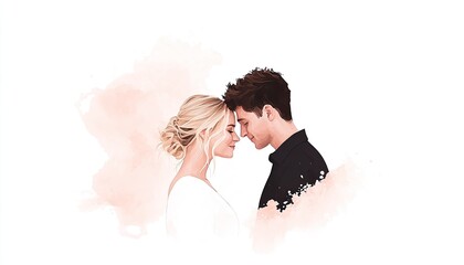 Romantic illustration of a couple sharing an intimate moment with a soft watercolor background