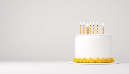 A beautifully decorated white birthday cake with orange frosting and candles on a simple background