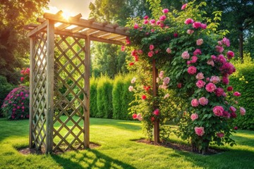Fototapeta premium Wooden Arbor Adorned with Abundant Blooming Pink Roses in a Lush Garden Setting at Sunset