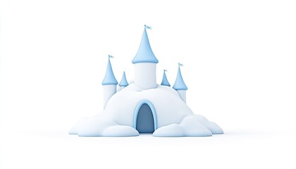 A whimsical ice castle with blue spires surrounded by fluffy snow clouds in a serene setting