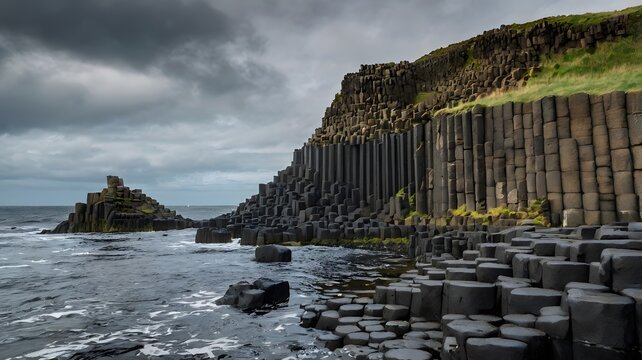 A surreal shot of the Giant’s Causeway in Northern Ireland, with hexagonal basalt columns stretching into the sea. 