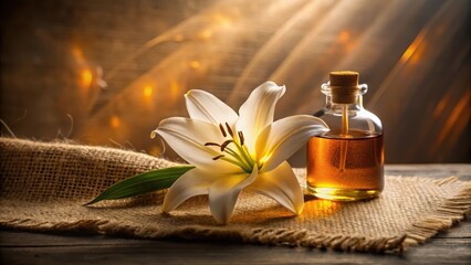 Aromatic Lily and Essential Oil in Glass Bottle on Rustic Surface with Warm Lighting