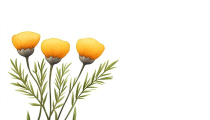 Vibrant yellow wildflowers with green leaves against a clean white background, ideal for nature-themed designs
