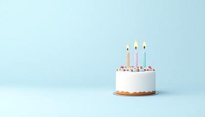 A colorful birthday cake with three lit candles on a light blue background, perfect for celebrations