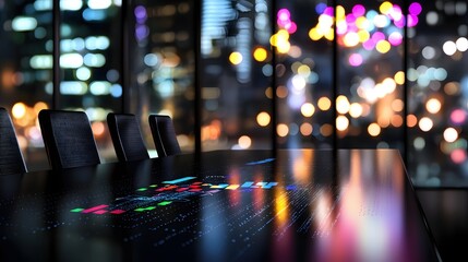 Modern Business Meeting Futuristic Table Cityscape Night