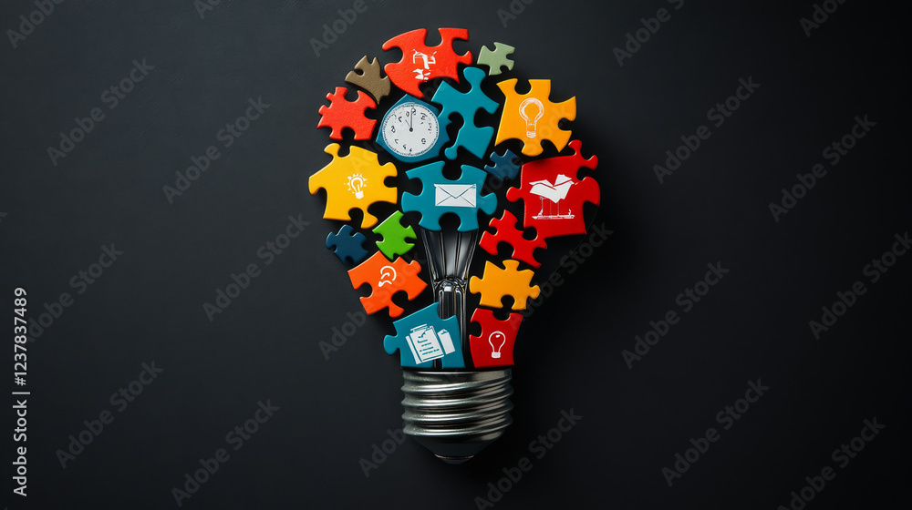 Fototapete time management infographics concept with a light bulb composed of interlocking puzzle pieces with v