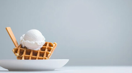 Fototapeta premium delicious plate of waffles topped with scoop of creamy vanilla ice cream, creating delightful dessert experience. Perfect for sweet cravings