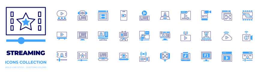Streaming icon collection. Bold line style. Duotone colors. tv, videostreaming, streaming, livestreaming, live, livewebinar, broadcast, onlineeducation, video, music
