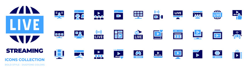 Streaming icon collection. Bold style. Duotone colors. live, streaming, livestreaming, stream, elearning, videoplayer, video, multimedia, news