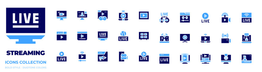 Streaming icon collection. Bold style. Duotone colors. streamingtvapp, livestreaming, streaming, live, youtube, onlinestreaming, instagramlive, online, video