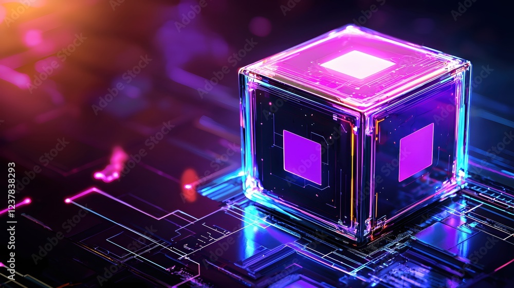 Poster Neon Cube Futuristic Technology Digital Innovation Abstract Art