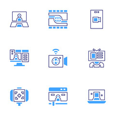 Streaming icon set. Bold line style. Duotone colors. Editable stroke. livestreaming, streaming, videostreaming, livewebinar, webinar, news, video