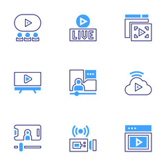 Streaming icon set. Bold line style. Duotone colors. Editable stroke. tv, live, streaming, videostreaming, livestreaming, follow, video, videoplayer