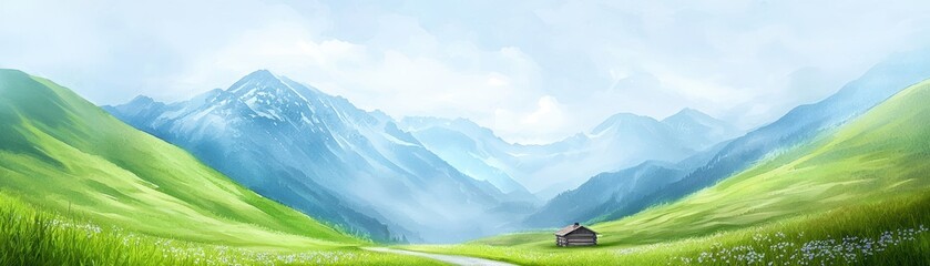 Serene mountain retreat, a painting of cozy house nestled in the majestic peaks