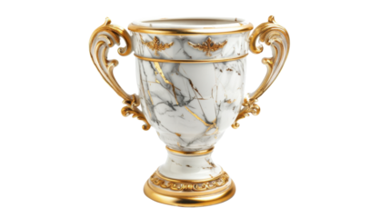 Elegant marble and gold trophy with ornate handles on transparent background