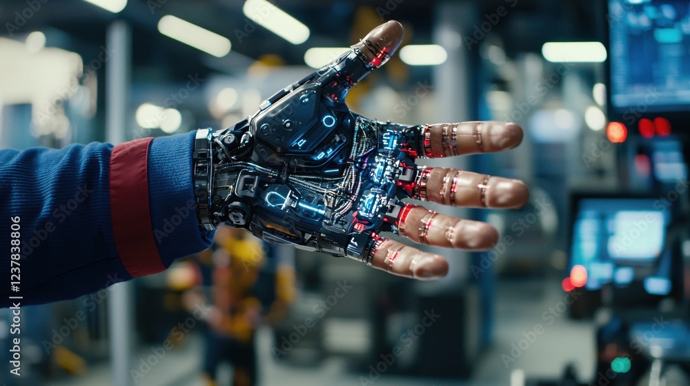 Poster advanced robotic hand reaching out in futuristic factory setting