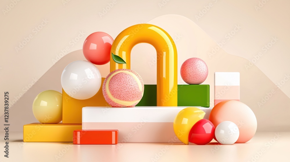 Poster pastel color palette abstract composition with geometric shapes and spheres