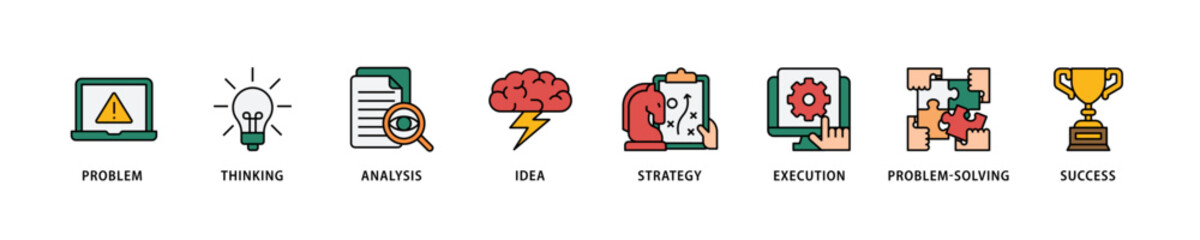 Solution icon set flow process which consists of problem, thinking, analysis, idea, strategy, execution, problem-solving, success icon live stroke and easy to edit .
