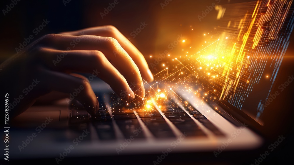 Poster golden hour coding digital innovation technology hands typing laptop