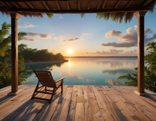 Fototapeta premium Terraza con vista al lago de Bacalar en un amanecer perfecto, amanecer,