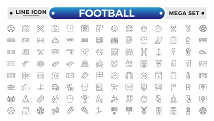 Football outline icon set. Soccer. Kicking a ball, team, rule, goal, players, medal, football, basketball, cycling, athlete, racket, table tennis, sparing, gym, weight. Editable stroke outline icon.