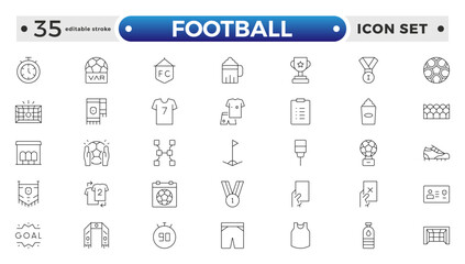 Football outline icon set. Soccer. Kicking a ball, team, rule, goal, players, medal, football, basketball, cycling, athlete, racket, table tennis, sparing, gym, weight. Editable stroke outline icon.