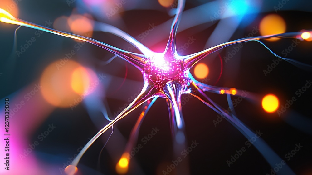 Poster vibrant neuron network glowing synapses digital art