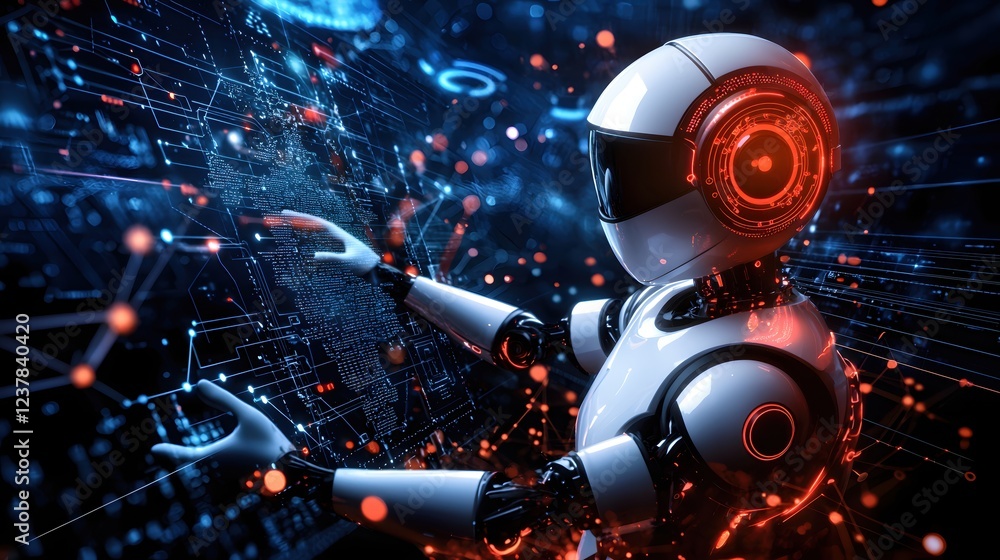 Aufkleber Advanced Robot Interacting with Futuristic Digital Interface Exploring Data Network