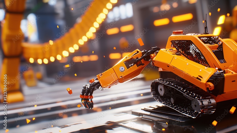 Poster futuristic orange robot arm manipulating parts in factory setting
