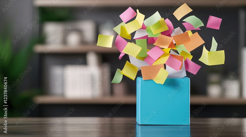 Poster Colorful Sticky Notes Exploding from a Blue Box on a Desk