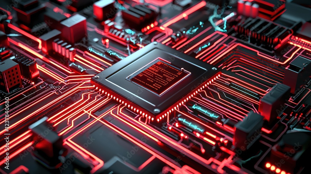 Poster red neon circuit board technology abstract background