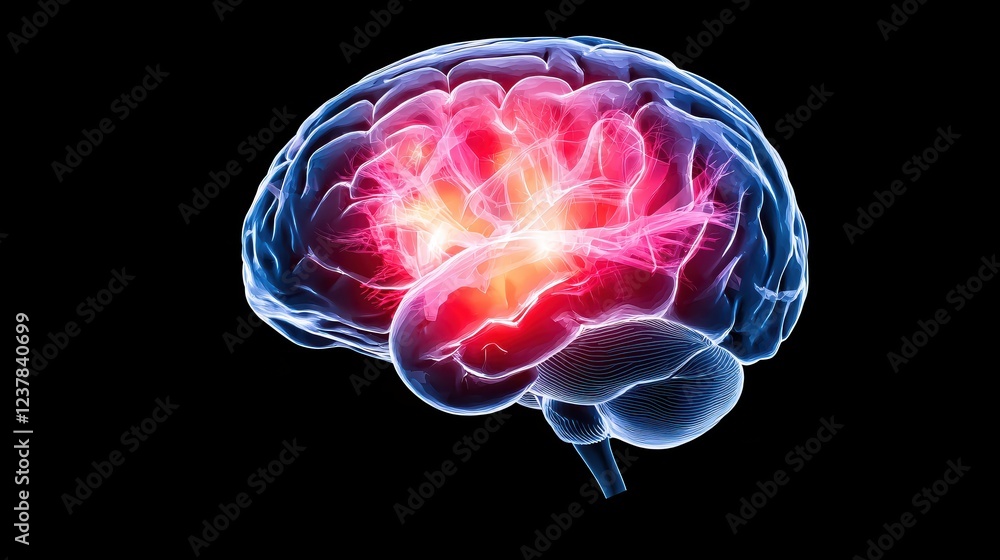 Poster human brain anatomy illuminated red and blue neurological scan